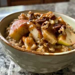 A close-up view of a bowl of caramel apple oatmeal topped with chopped apples and walnuts.