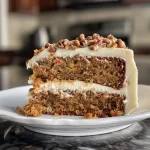 Side view of a moist Carrot Walnut Cake layered with white chocolate frosting.