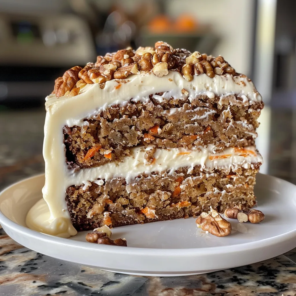 Close-up image of a Carrot Walnut Cake showcasing its textured layers and creamy frosting.