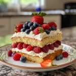 Close-up view of a slice of Chantilly Berry Cake with layers of berries and creamy frosting.