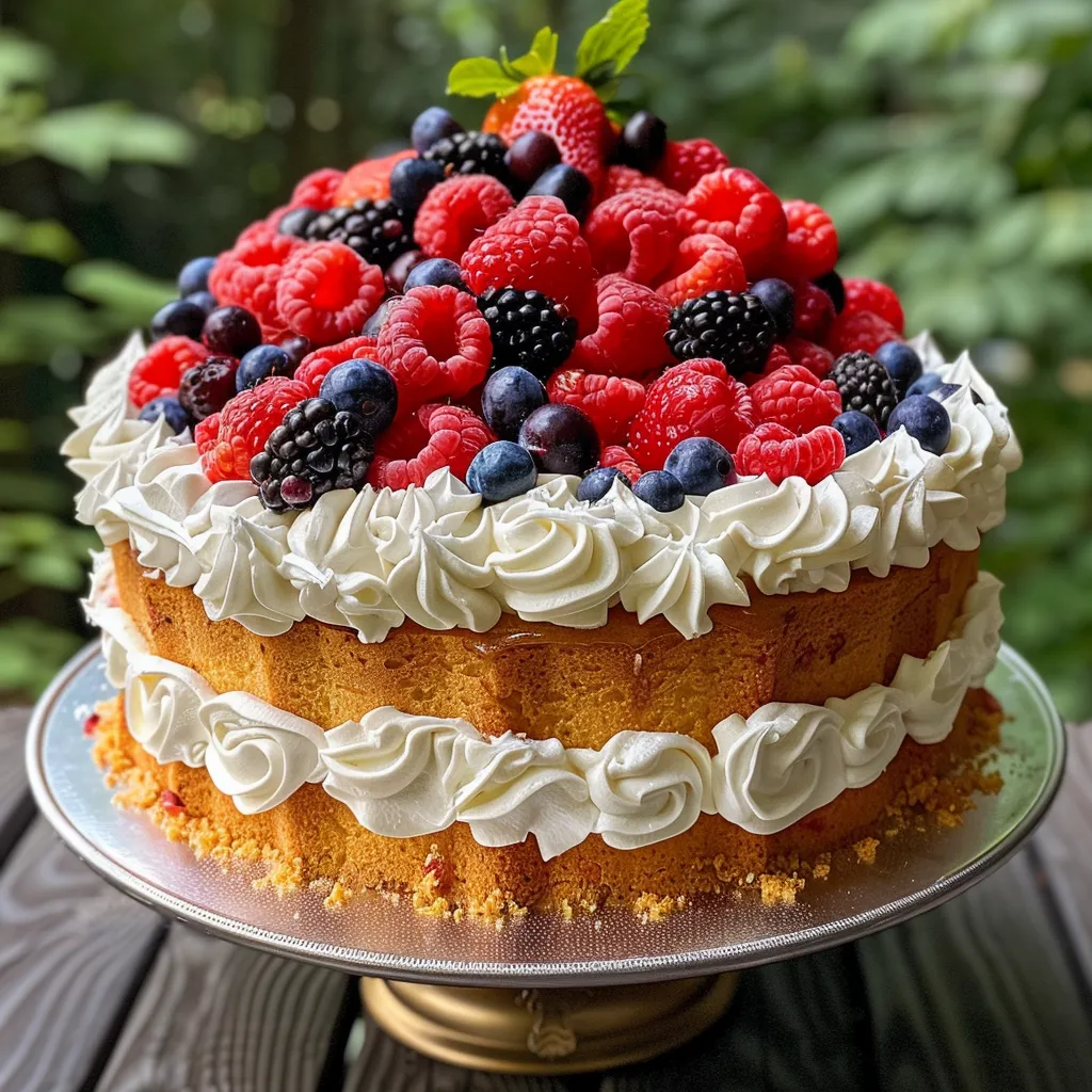 Side view of a moist Chantilly Berry Cake, showcasing its intricate layers and fresh fruit.