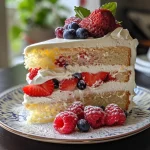 A close-up side view of a multi-layered Chantilly Cake adorned with fresh berries.