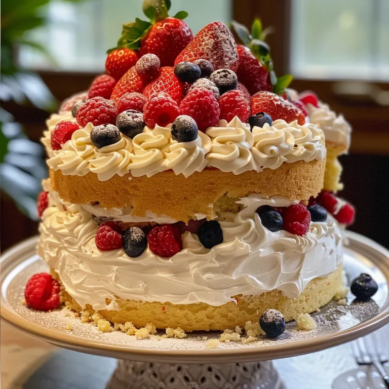 Close-up side view of a delicious Chantilly cake adorned with fresh strawberries, raspberries, and blueberries.