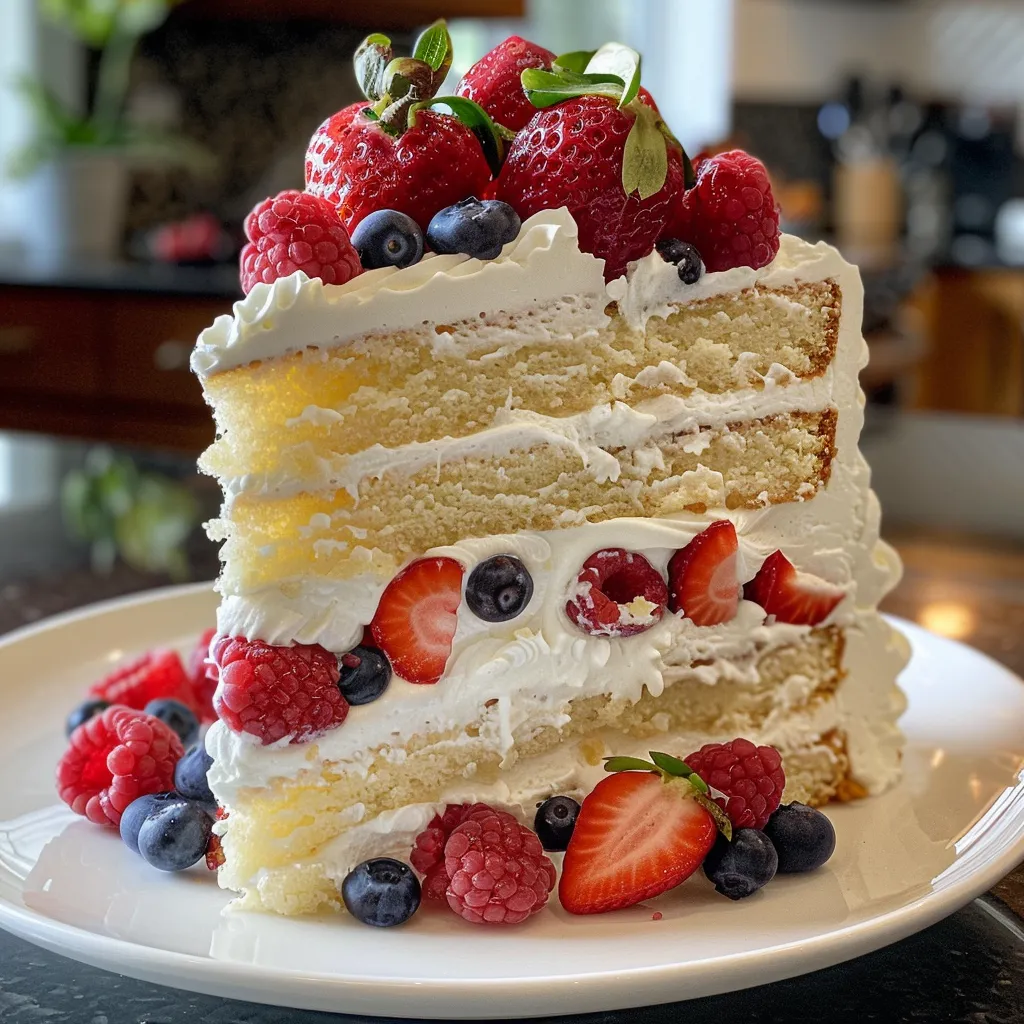 A moist and layered Chantilly cake showcasing cream cheese frosting and vibrant berries on top.