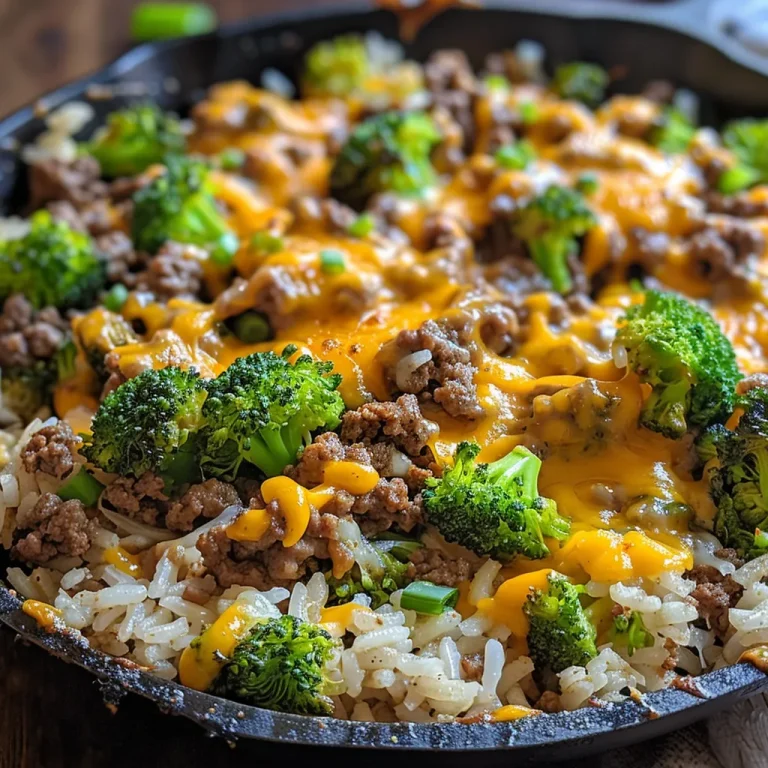 Close-up side view of a cheesy beef broccoli and rice skillet in a black pan.