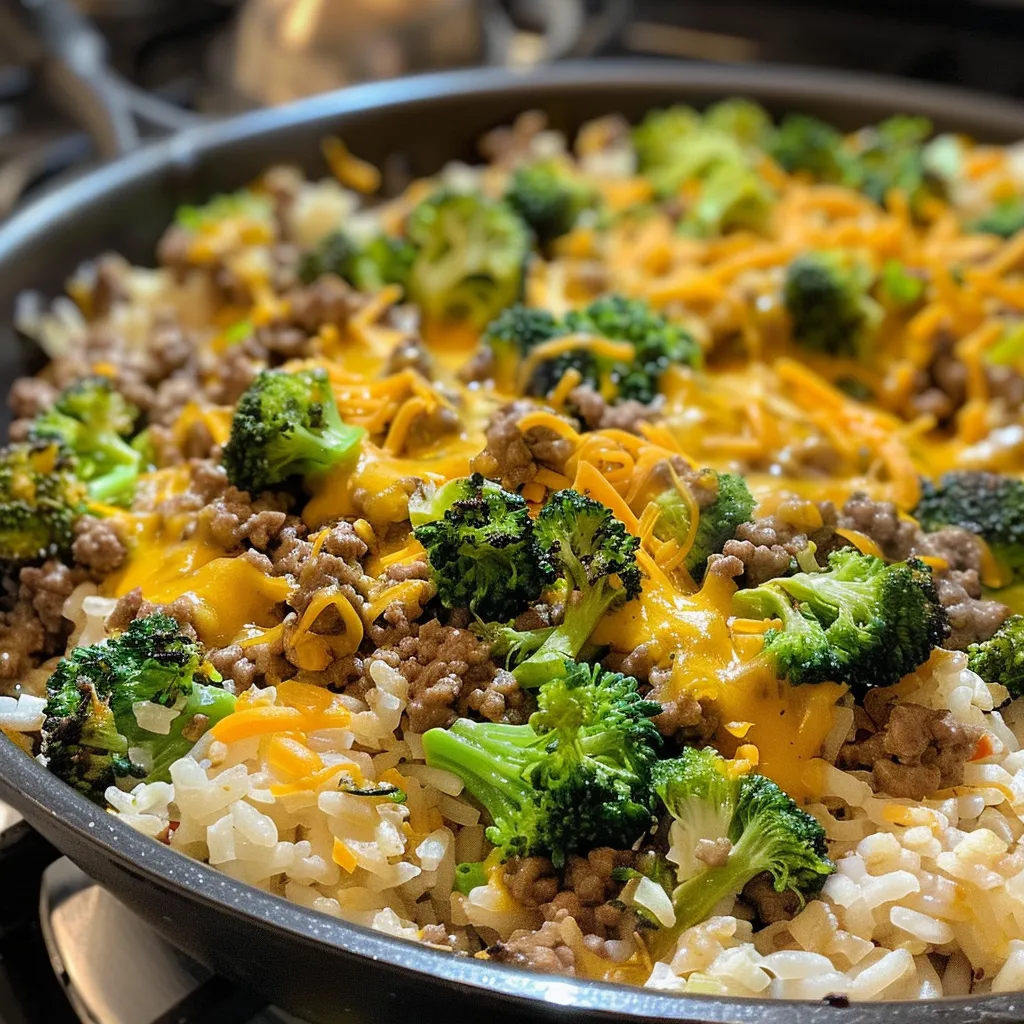 Juicy Cheesy Beef Broccoli and Rice Skillet with melted cheese visible on top.