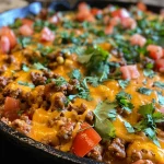 Close-up of a cheesy Tex-Mex ground beef skillet, showcasing melted cheese and colorful toppings.