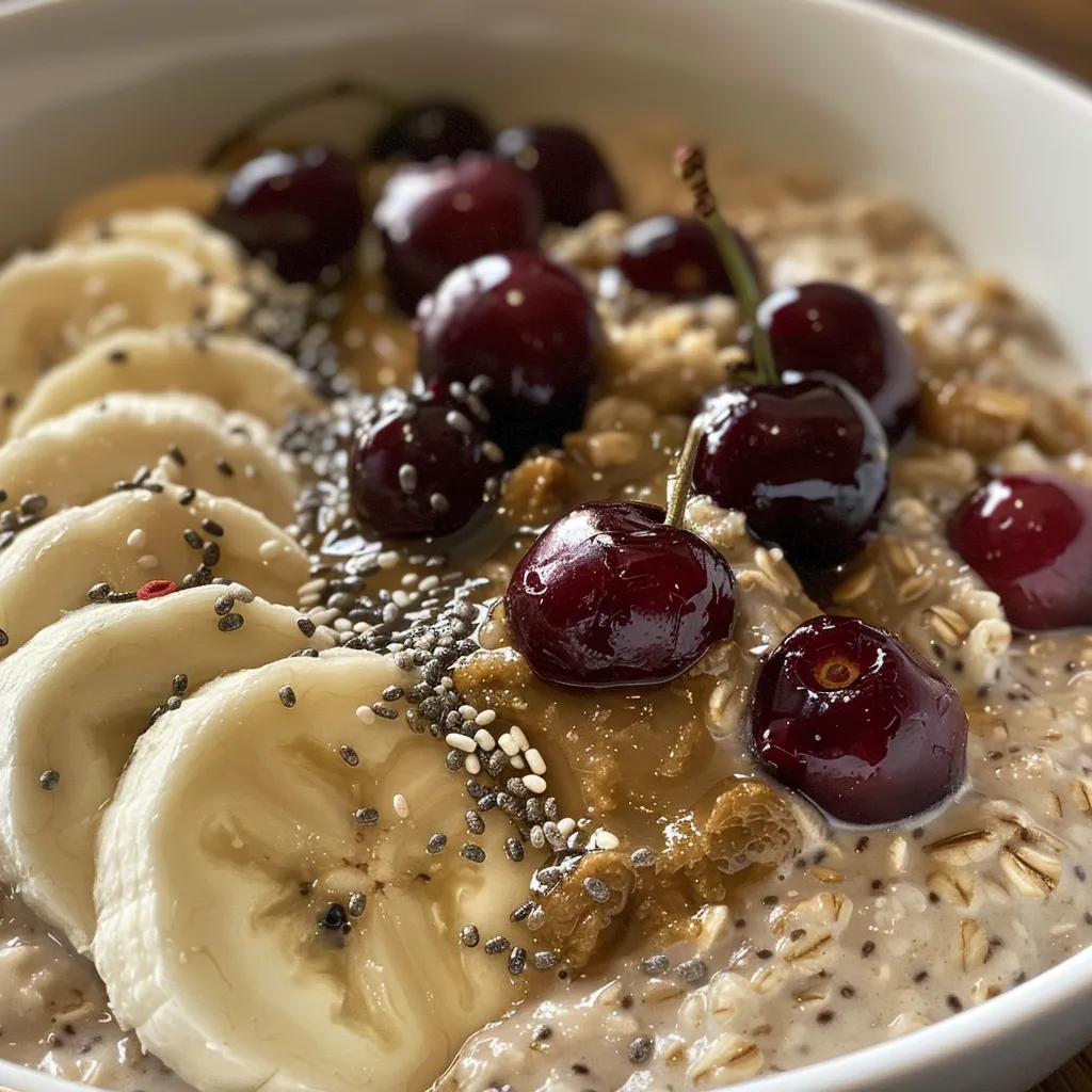 A vibrant bowl of overnight oats featuring cherries, bananas, and mixed berries, captured from a side angle.