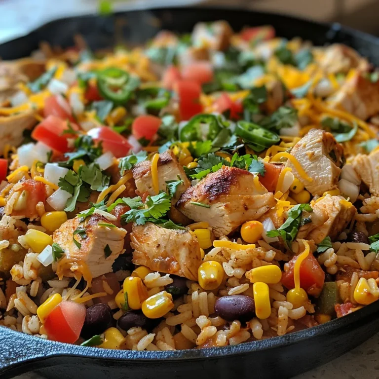 Close-up of a Chicken and Rice Taco Skillet filled with colorful ingredients.
