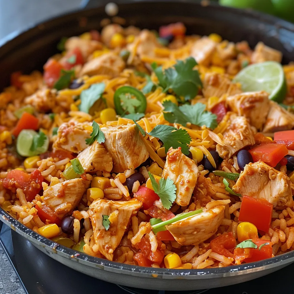 Vibrant Chicken and Rice Taco Skillet served with fresh cilantro and lime.