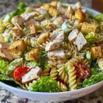 A close-up view of a Chicken Caesar Pasta Salad with rotini pasta, shredded chicken, and fresh greens.