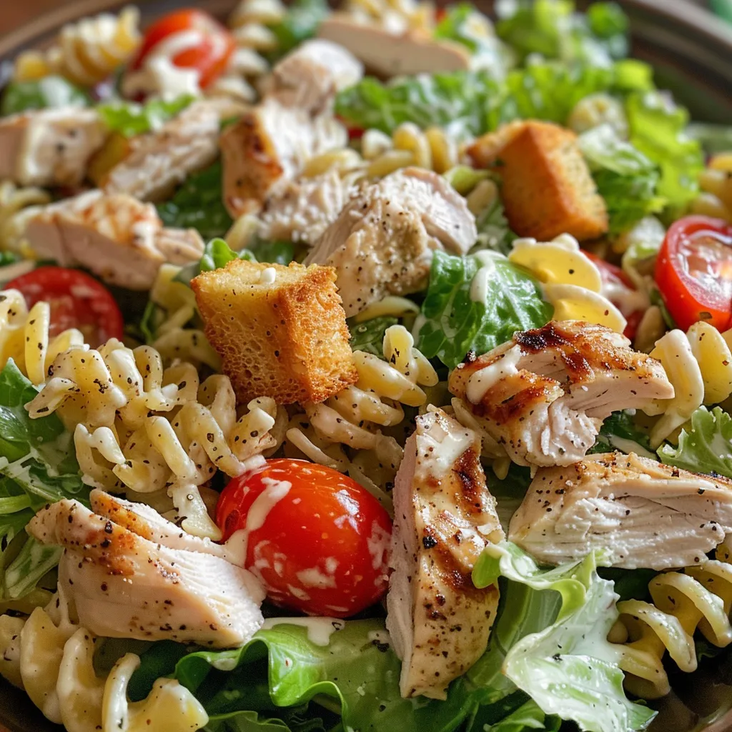 Juicy Chicken Caesar Pasta Salad displayed from the side, featuring croutons and grated Parmesan cheese on top.