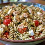 Close-up view of a colorful Chicken Pesto Pasta Salad featuring rotini pasta, cherry tomatoes, and shredded chicken.