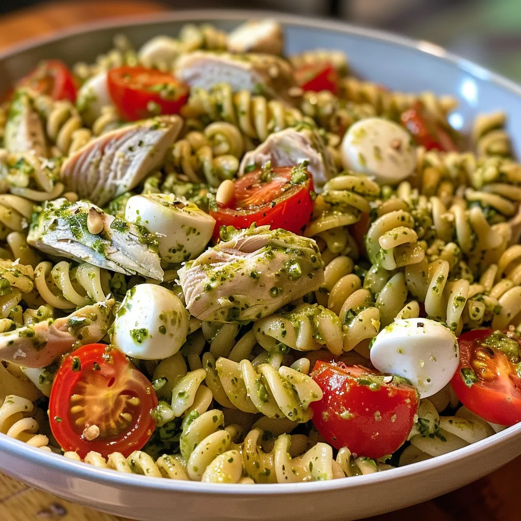 Side angle shot of a Chicken Pesto Pasta Salad with vibrant green pesto, mozzarella pearls, and fresh spinach.