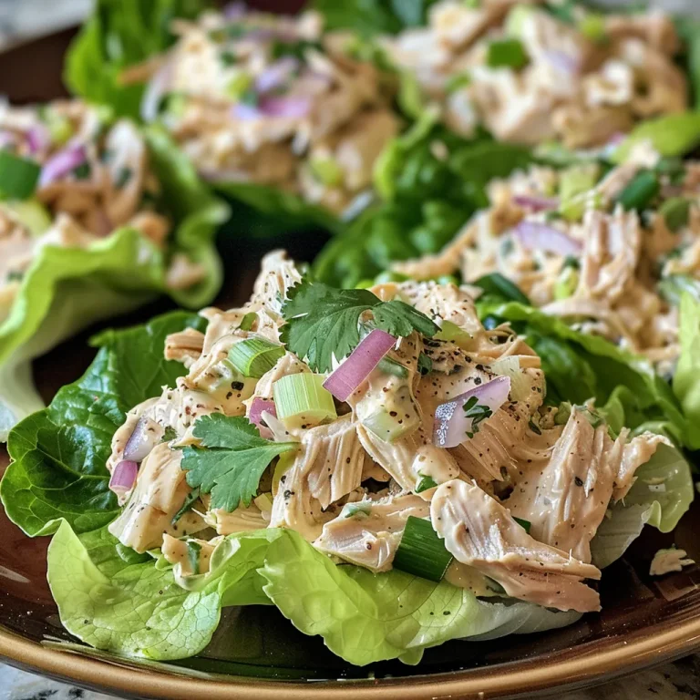 Close-up view of juicy Chicken Salad Lettuce Wraps filled with shredded chicken, vegetables, and herbs.