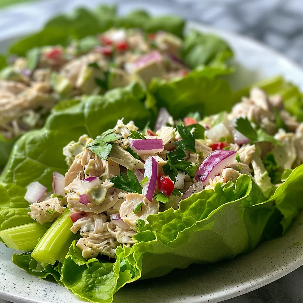 Side angle of Chicken Salad Lettuce Wraps showcasing vibrant lettuce leaves and colorful chicken salad filling.