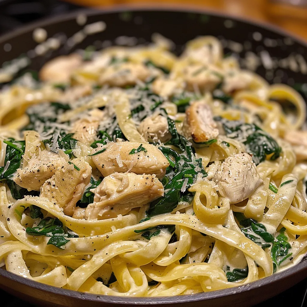 Delicious Chicken Spinach Alfredo Pasta with visible chicken and spinach.