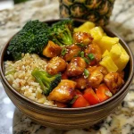 A close-up view of a vibrant Chicken Stir Fry served in fresh pineapple halves.