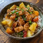 A close-up view of Chicken Stir Fry served in a pineapple bowl, showcasing vibrant vegetables and juicy chicken.