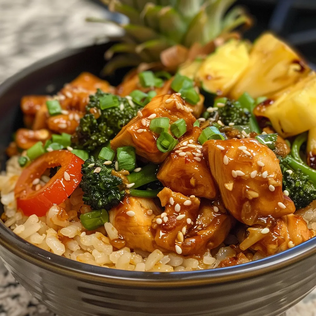Juicy Chicken Stir Fry with colorful vegetables, presented in pineapple bowls.