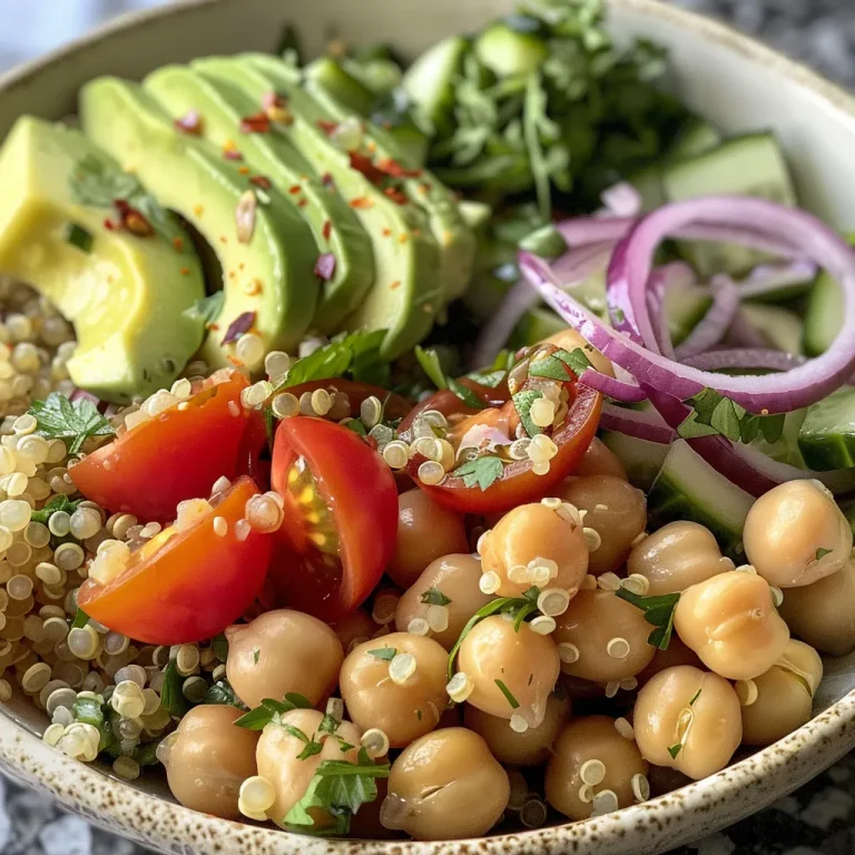 Close-up view of a colorful Chickpea, Avocado, and Quinoa Summer Bowl with fresh ingredients.