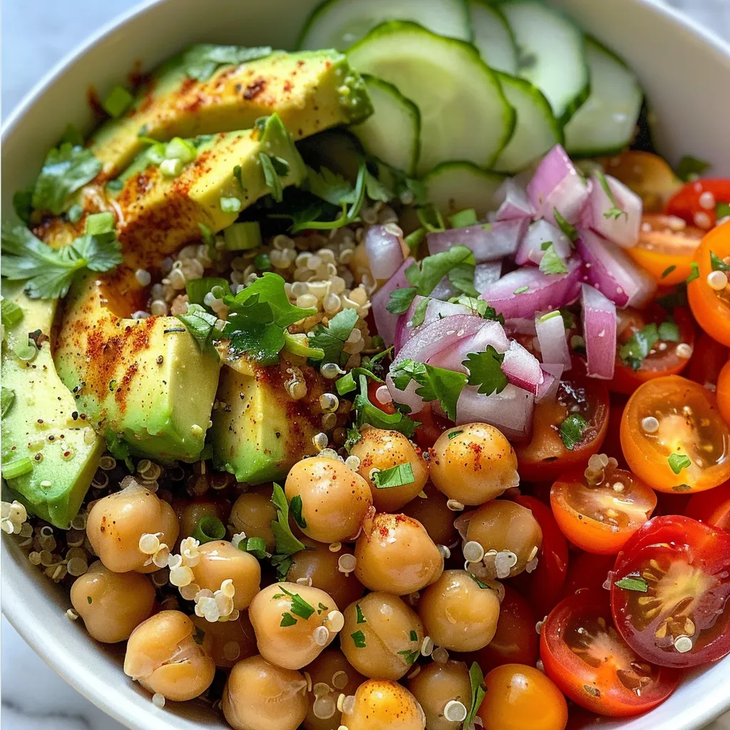 Side view of a vibrant Chickpea, Avocado, and Quinoa bowl showcasing diced avocado and cherry tomatoes.