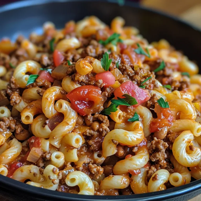 Close-up view of a hearty bowl of Chili Mac topped with melted cheddar cheese and fresh parsley.