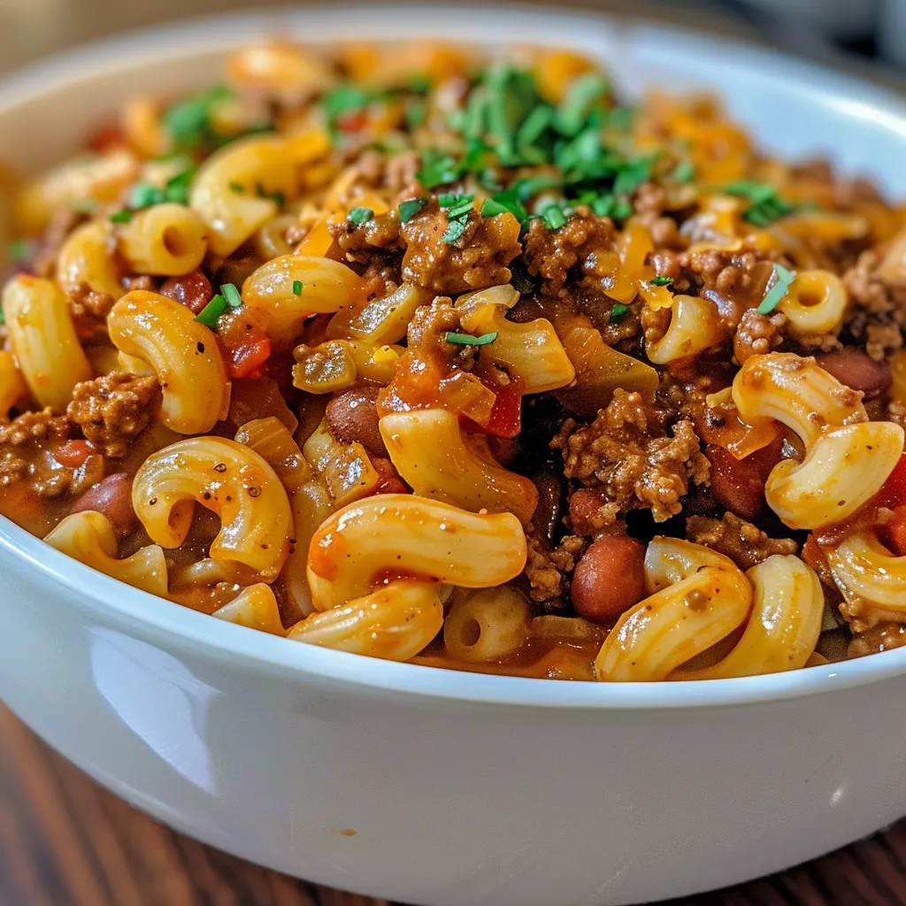 Side view of Chili Mac featuring ground beef, macaroni, and a rich tomato sauce with cheese on top.