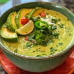A close-up side view of a creamy green chilled avocado soup garnished with cilantro and cherry tomatoes.