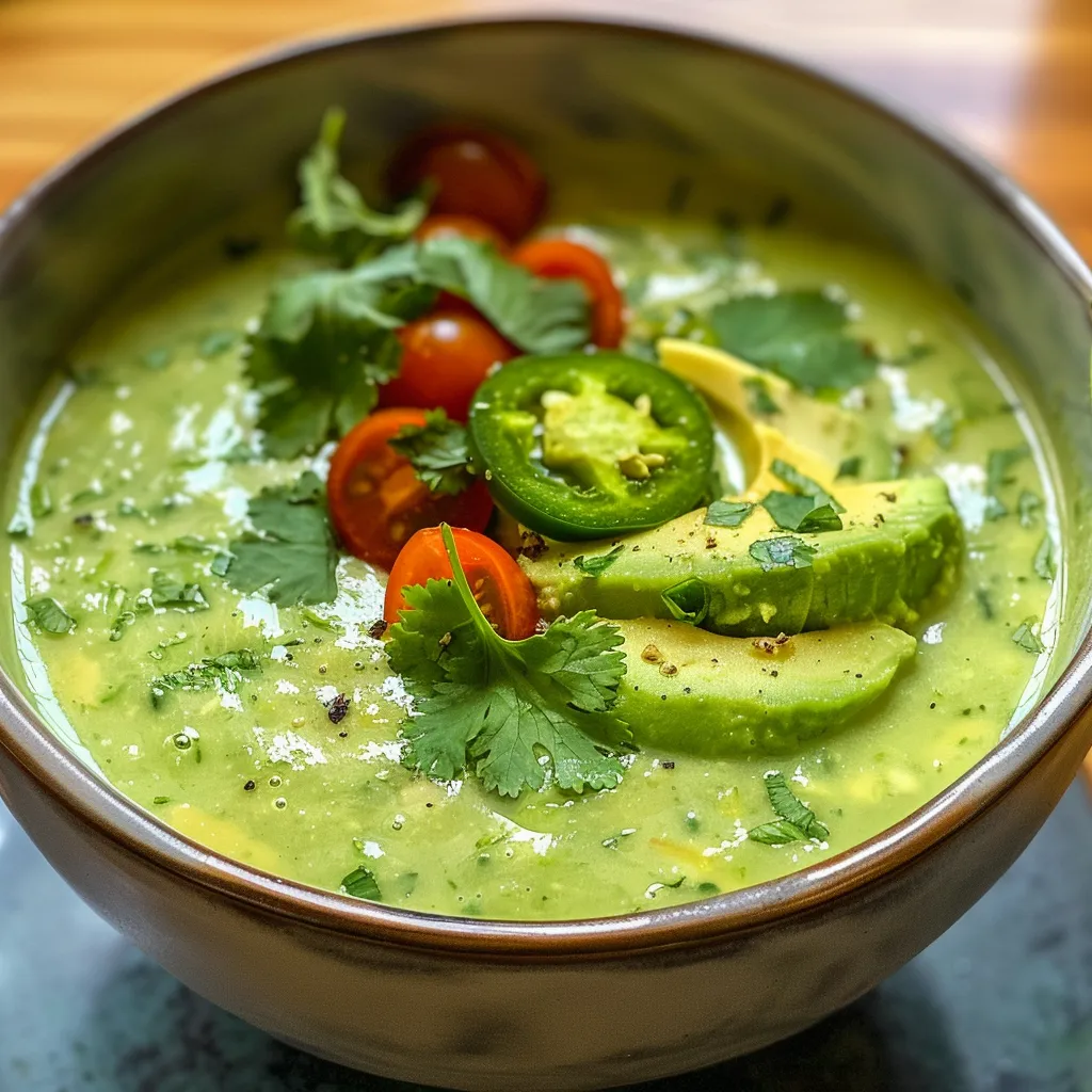 A bowl filled with vibrant chilled avocado soup, showcasing its smooth texture and fresh garnishes.