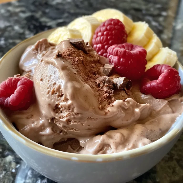 Close-up view of chocolate banana Greek frozen yogurt in a bowl with a creamy texture.