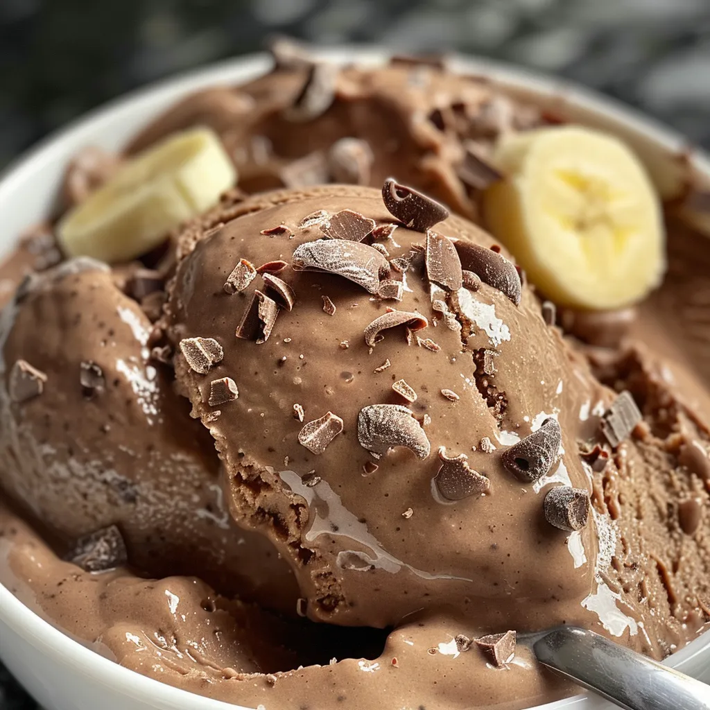 Side view of a serving of chocolate banana Greek frozen yogurt topped with slices of banana.