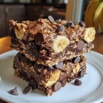 Close-up view of chocolate banana oatmeal breakfast bars, showcasing their moist texture.