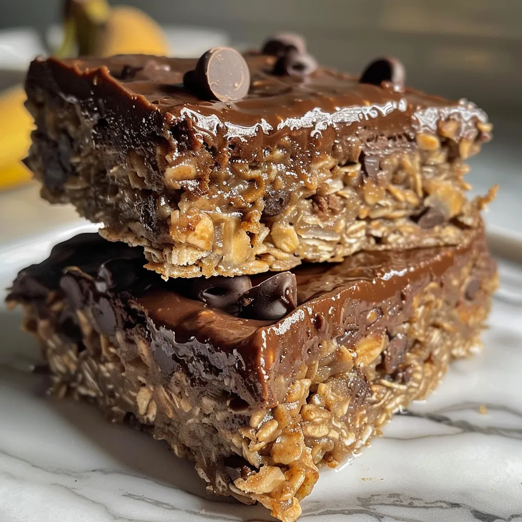 Side perspective of deliciously baked chocolate banana oatmeal bars with chocolate chips.