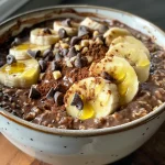 Bowl of chocolate banana overnight oats topped with coconut flakes and fresh banana slices.
