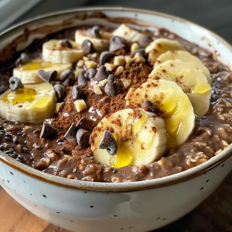 Bowl of chocolate banana overnight oats topped with coconut flakes and fresh banana slices.