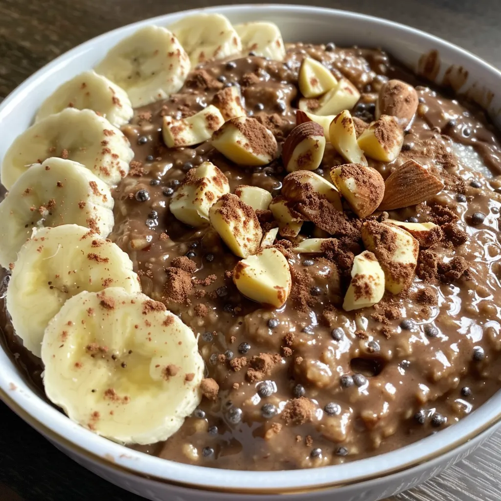 Close-up of creamy chocolate banana overnight oats with nuts and chia seeds.