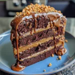 A side view of a Chocolate Caramel Toffee Cake layered with rich caramel and sprinkled with toffee bits.