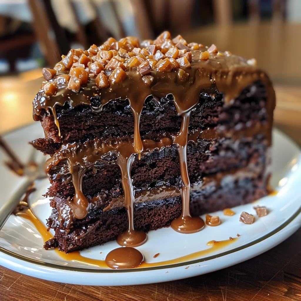 Close-up side view of a luscious chocolate cake topped with caramel sauce and toffee, showcasing its moist texture.
