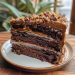 Close-up side view of a Chocolate Caramel Toffee Crunch Cake showcasing layers and toppings.