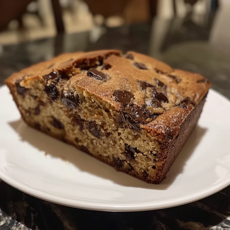 Close-up view of a moist chocolate chip loaf cake with a rich brown crust.