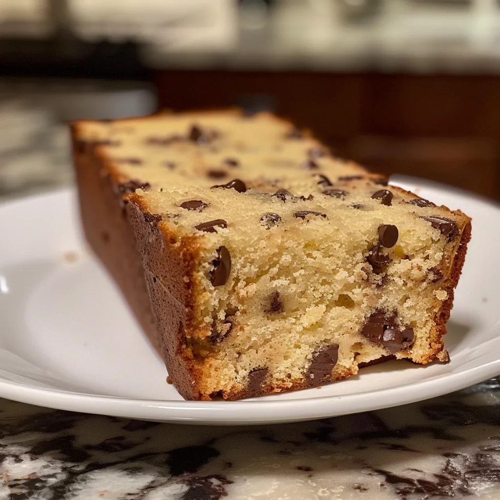 Side angle of a freshly baked chocolate chip loaf cake, showcasing chocolate chips throughout.