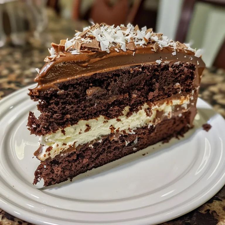 A close-up side view of a decadent Chocolate Coconut Cream Cake layered with rich chocolate and coconut cream.