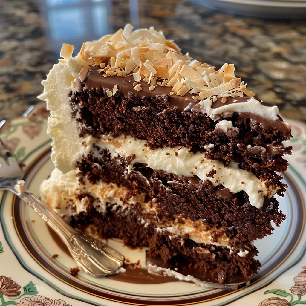 Detailed view of a moist Chocolate Coconut Cream Cake showing layers of chocolate cake and creamy coconut toppings.