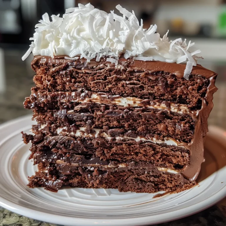 Indulge in Delight The Ultimate Chocolate Coconut Layer Cake Made Easy A close-up side view of a luscious chocolate coconut layer cake showing rich layers and coconut flakes.