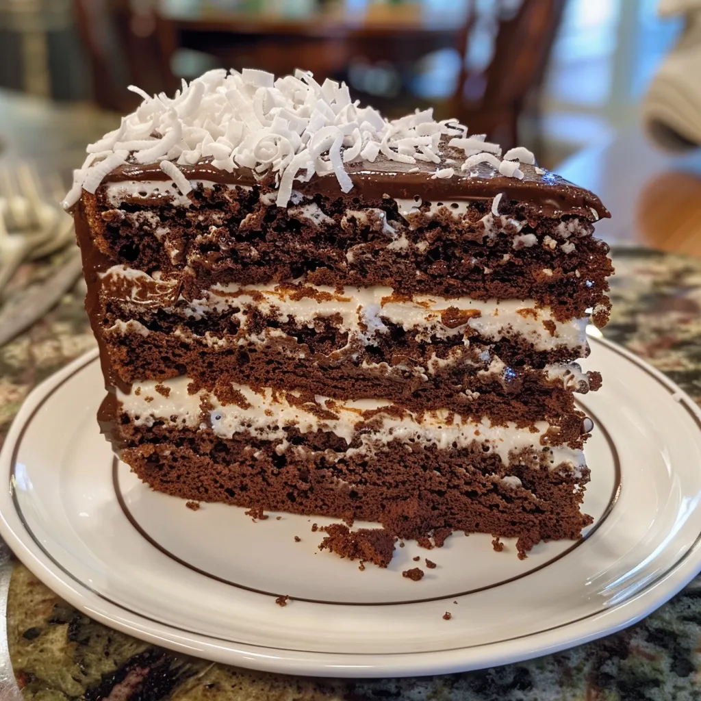 A side view of a mouthwatering chocolate coconut layer cake with creamy frosting and coconut shavings on top.