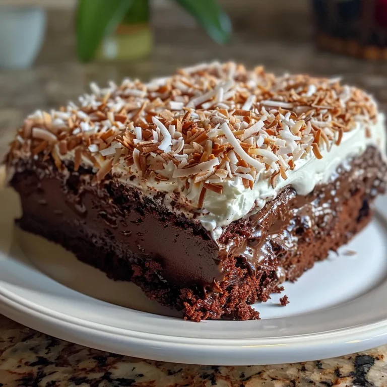 Indulge in Bliss Your Go-To Chocolate Coconut Poke Cake Recipe Close-up view of a moist Chocolate Coconut Poke Cake topped with whipped cream and shredded coconut.