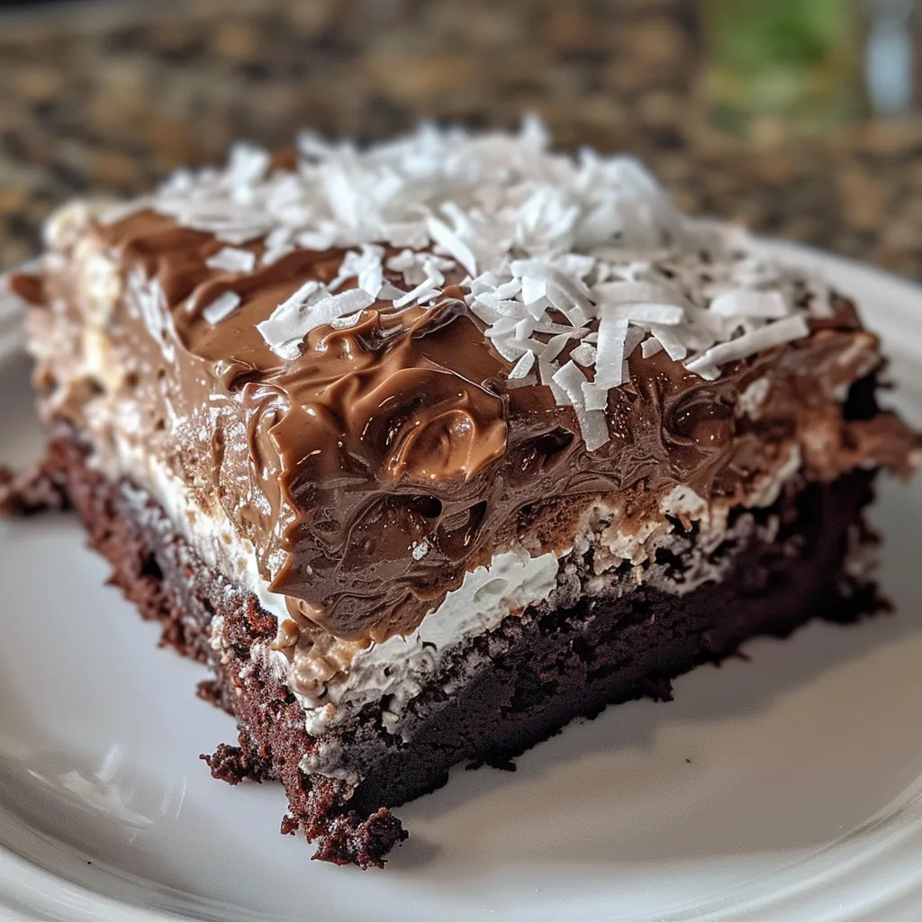 Side angle of a decadent Chocolate Coconut Poke Cake, showcasing its layers and creamy topping.