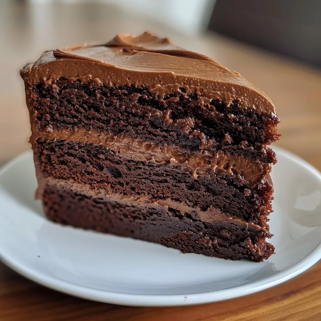 Side perspective of a moist chocolate fudge cake decorated with smooth chocolate frosting.