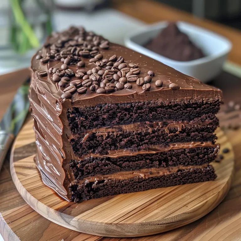 Indulge in Simplicity The Ultimate Chocolate Mocha Cake Recipe Side view of a rich Chocolate Mocha Cake with glossy frosting and coffee layers.